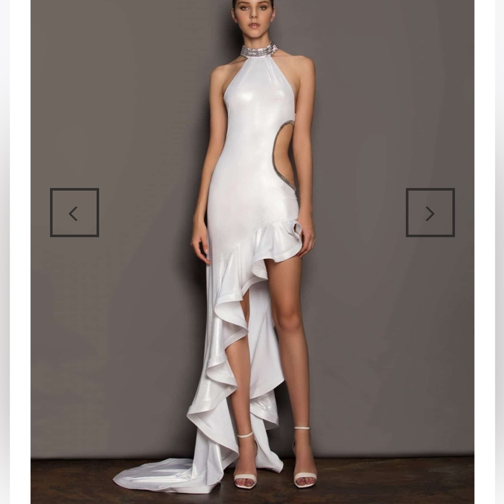 Bronx and Banco white shimmer maxi ruffle dress